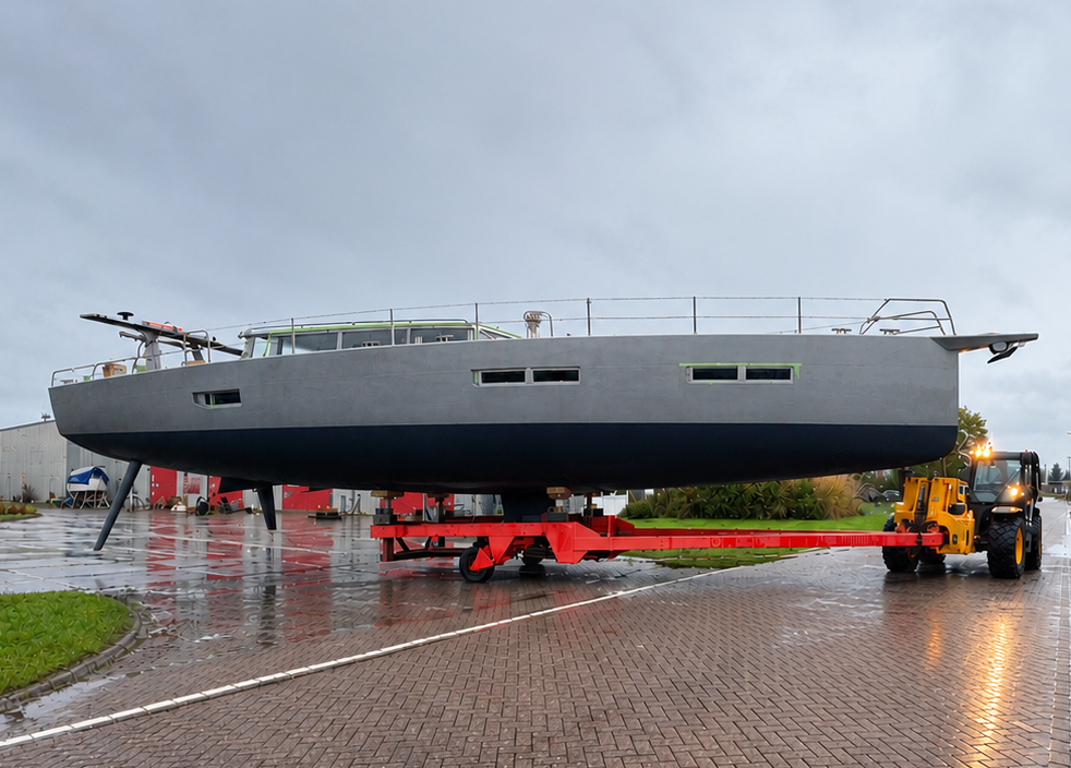 Explorer 54DS op transport naar de volgende bouwfase van de jachtbouw.